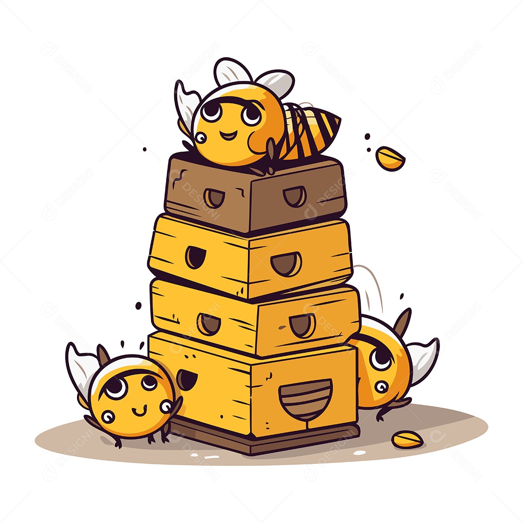 Abelhas Fofa e Caixas de Mel Ilustração Vetor EPS