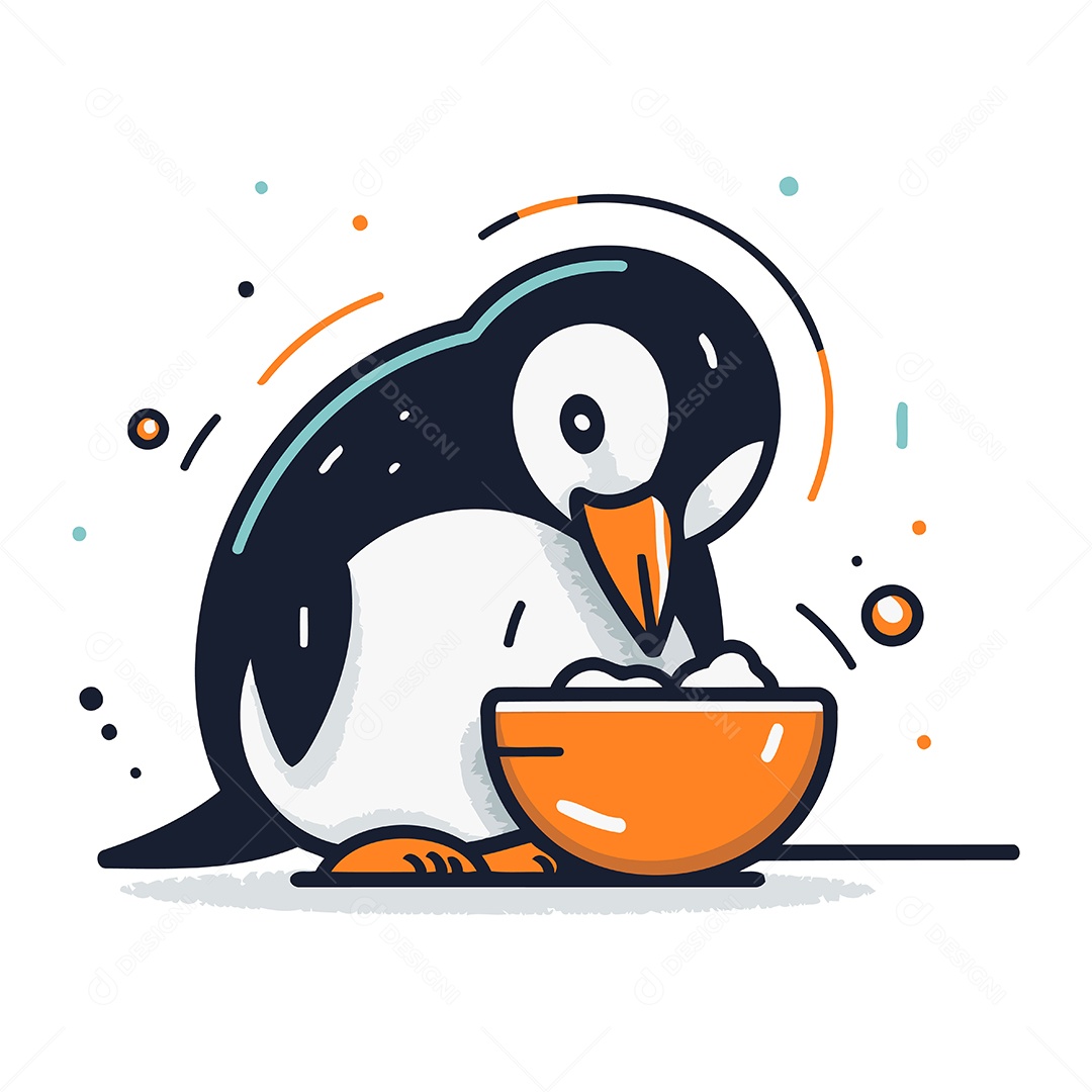 Pinguim Comendo em uma Tigela Ilustração Vetor EPS