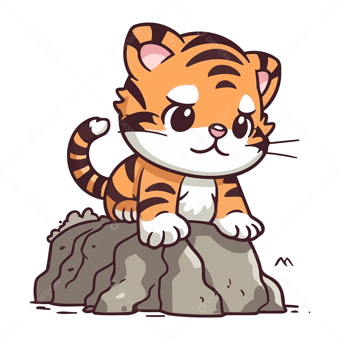 Tigre Fofo Sentado em uma Pedra Ilustração Vetor EPS