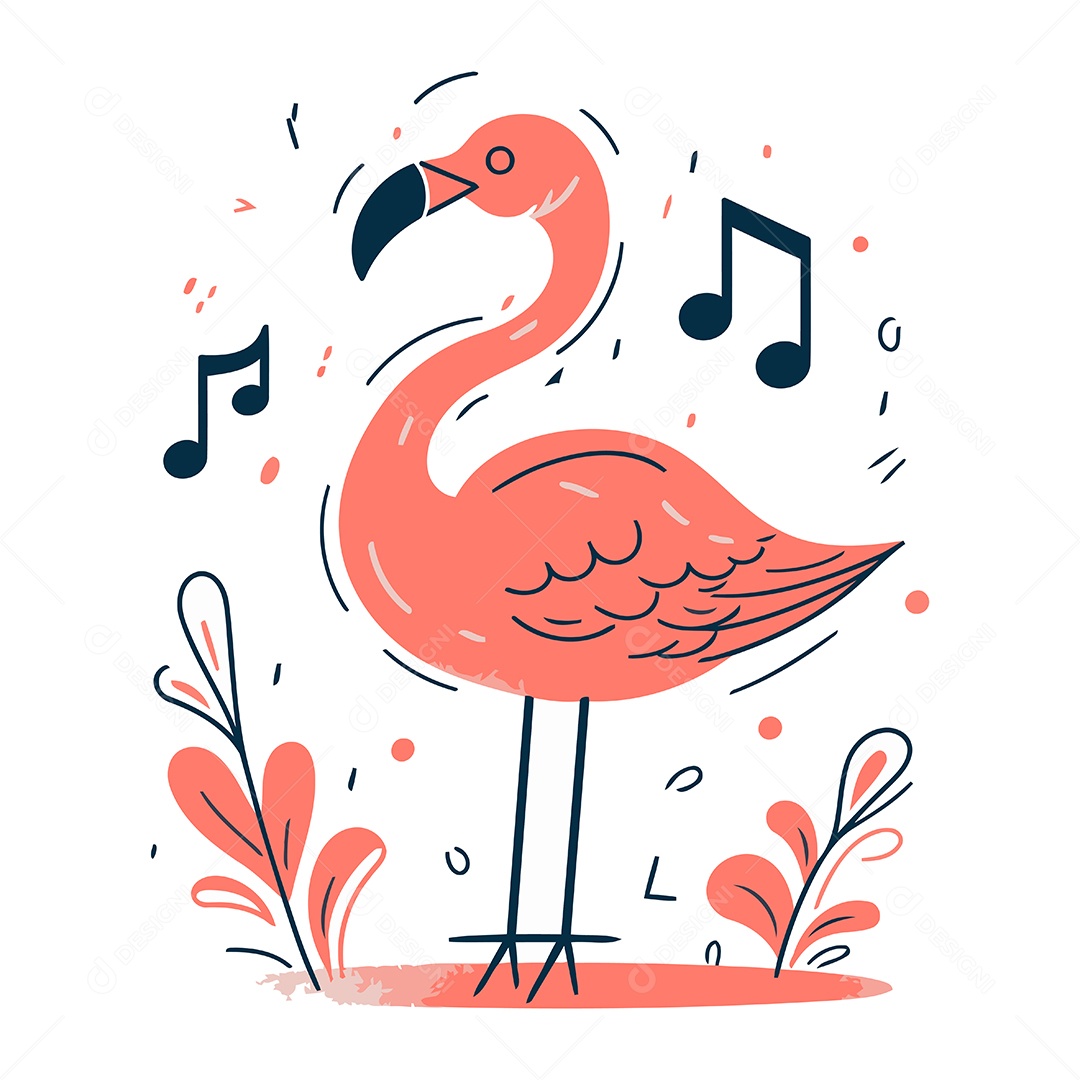 Flamingo com Notas Musicais Ilustração Vetor EPS
