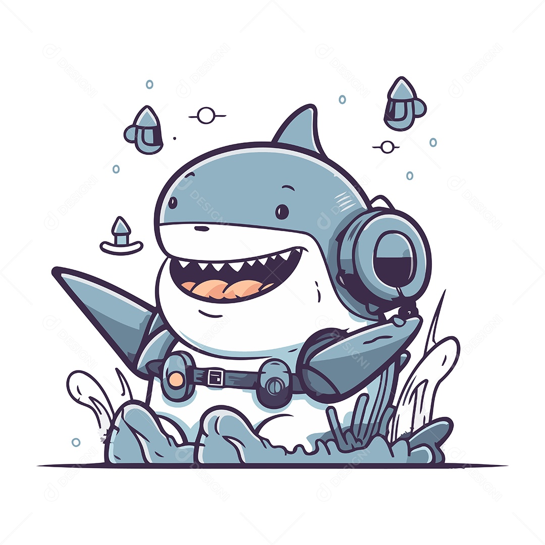 Tubarão com Fone de Ouvido Ilustração Vetor EPS