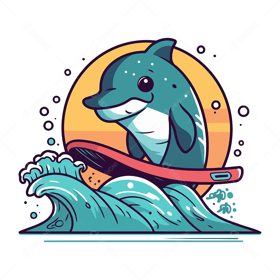 Golfinho com Prancha de Surfe Ilustração Vetor EPS