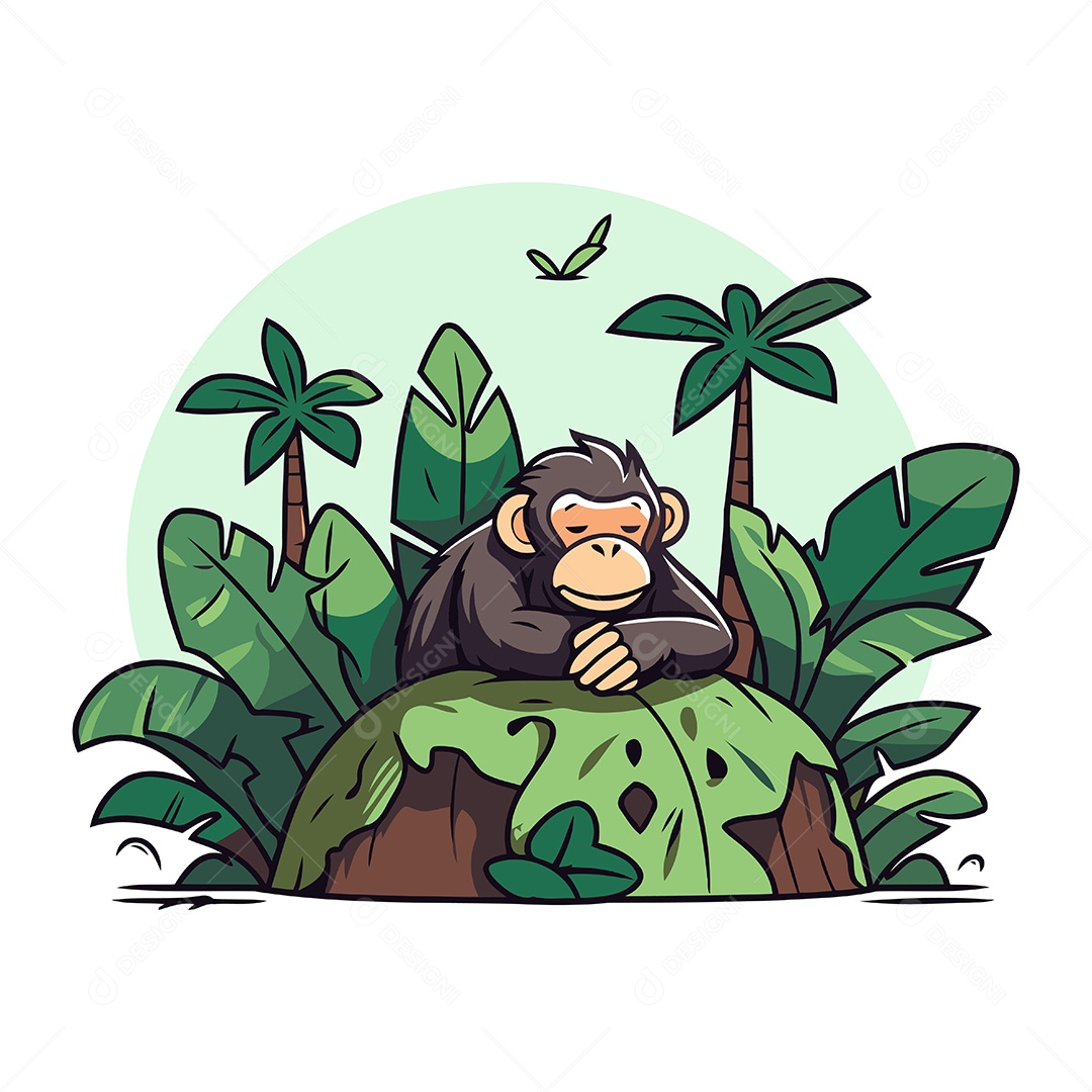 Macaco de Desenho Animado na Selva Ilustração Vetor EPS