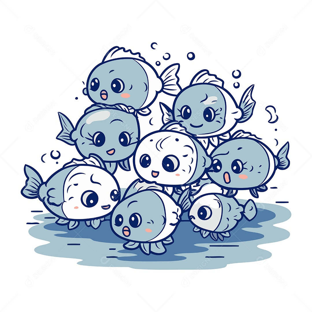 Grupo de Peixes Desenho Animado Ilustração Vetor EPS