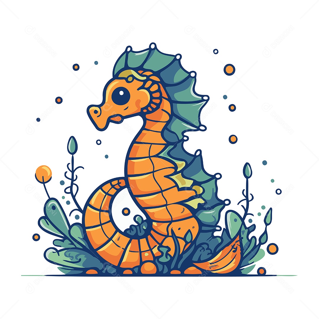 Cavalo Marinho Fofo de Desenho Animado Ilustração Vetor EPS