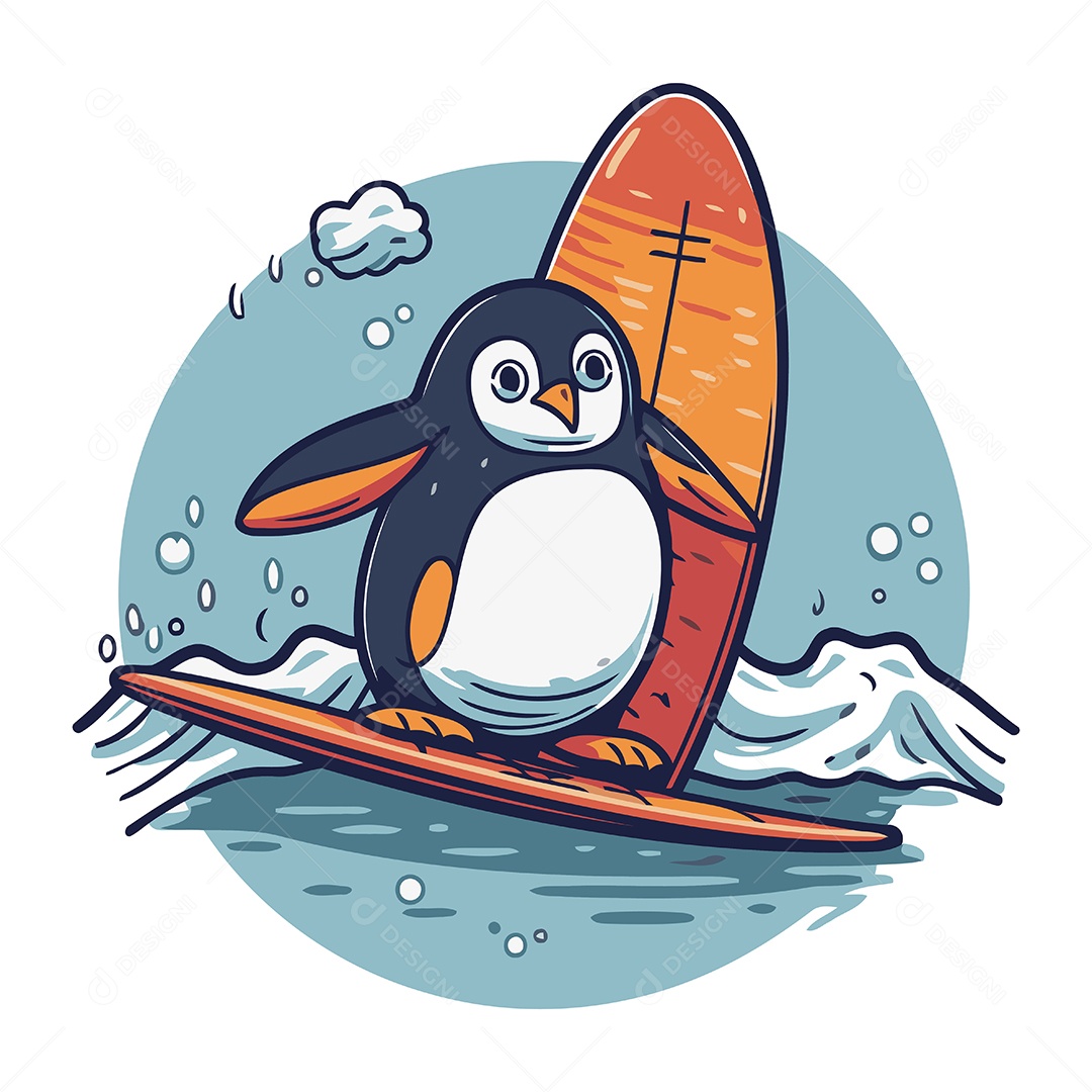 Pinguim Fofo Surfando na Onda Ilustração Vetor EPS