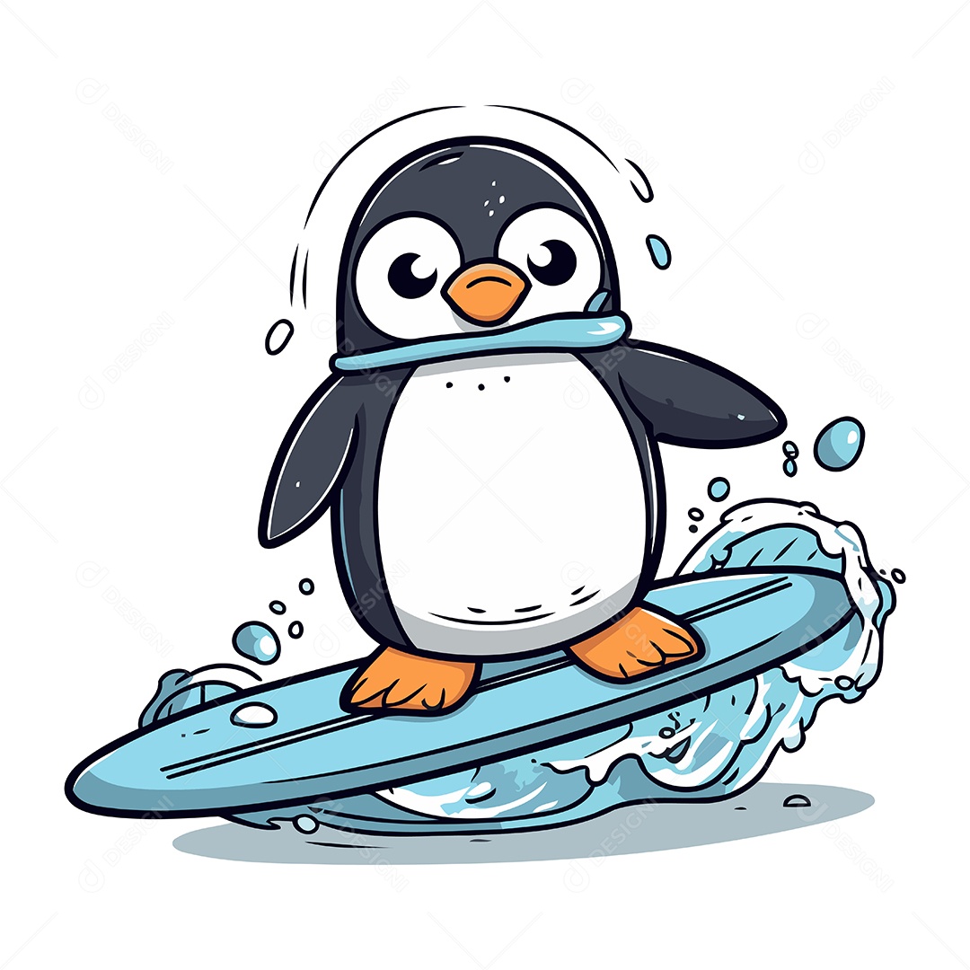 Pinguim Surfando em uma Prancha de Surfe Ilustração Vetor EPS