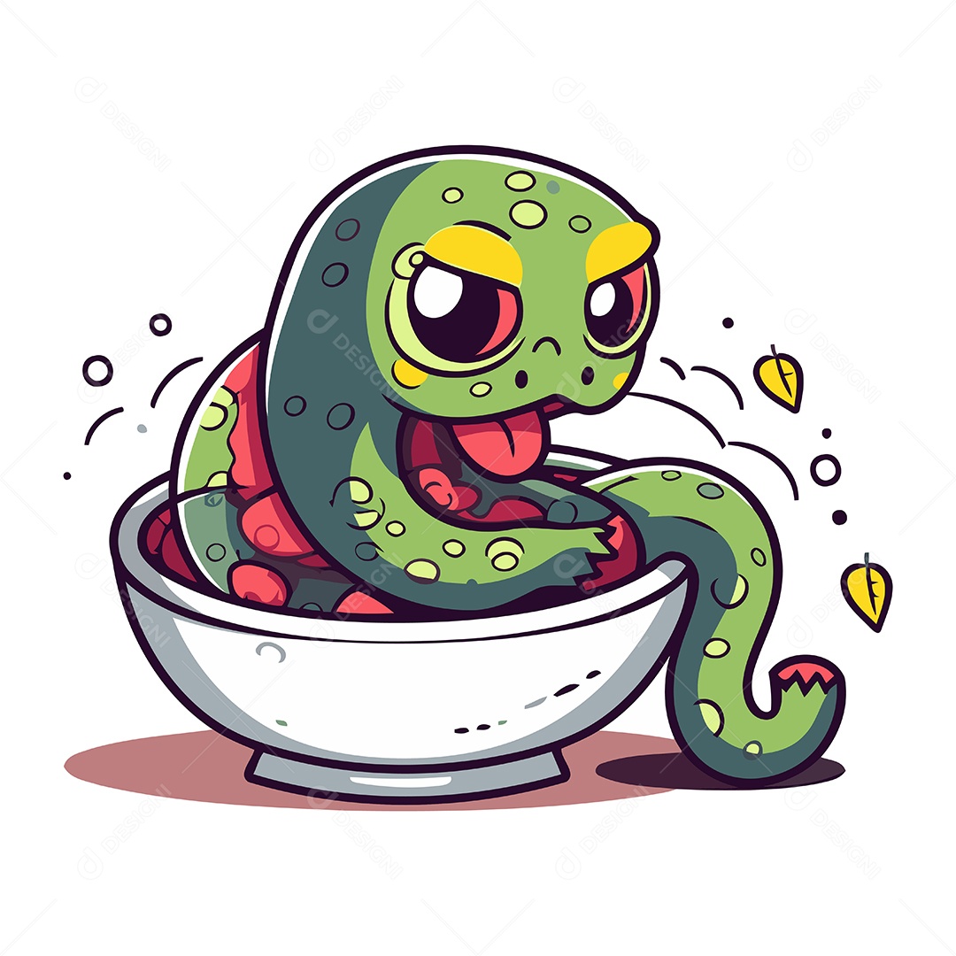 Cobra Engraçada de Desenho Animado em uma Tigela Ilustração Vetor EPS