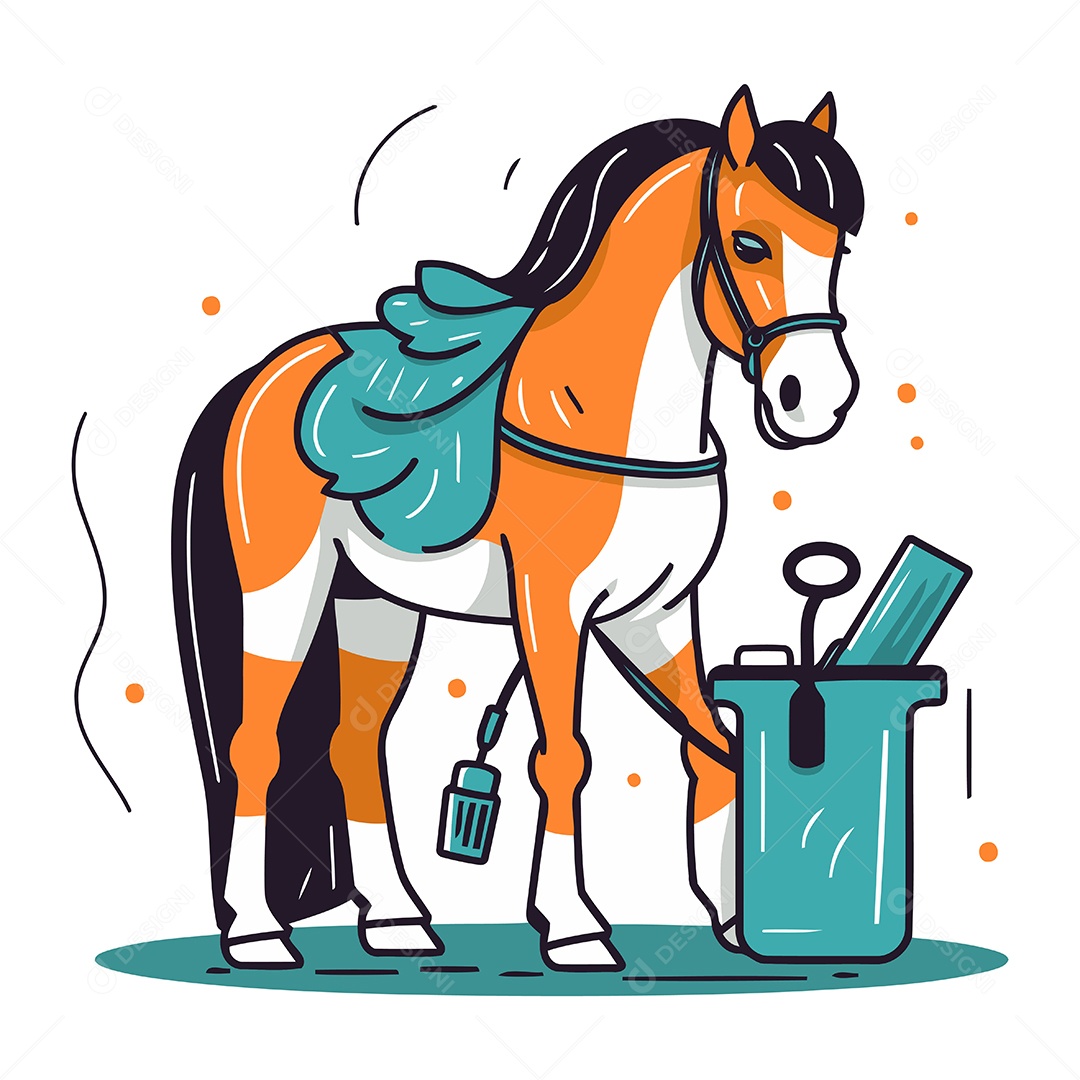 Cavalo e Lata de Lixo Desenho Animado Ilustração Vetor EPS