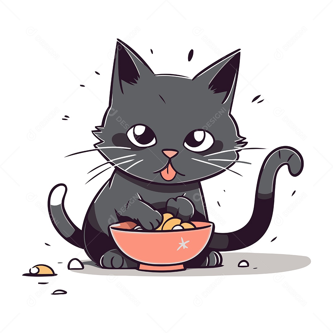 Gato Comendo Comida em uma Tigela Ilustração Vetor EPS