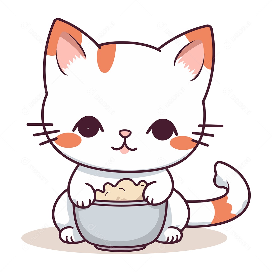 Gato Fofo com Tigela de Comida Ilustração Vetor EPS