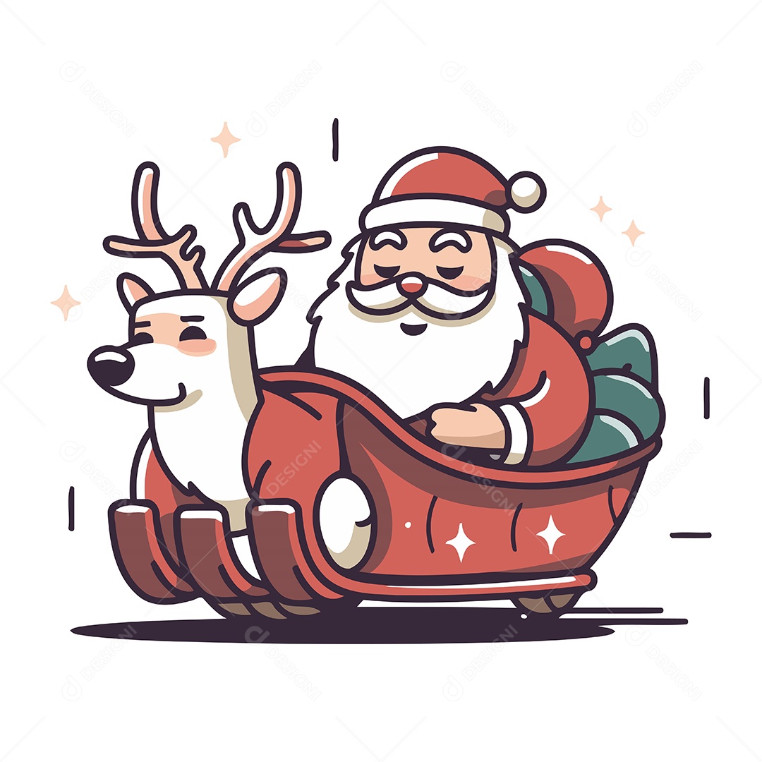 Papai Noel Andando de Trenó com Rena Ilustração Vetor EPS