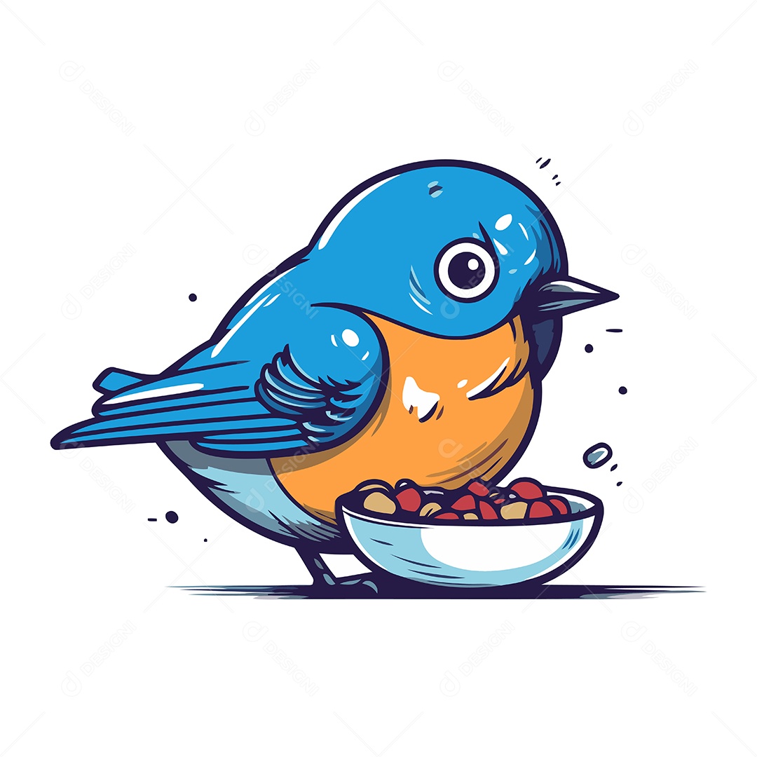 Pássaro Azul com Tigela de Comida Ilustração Vetor EPS
