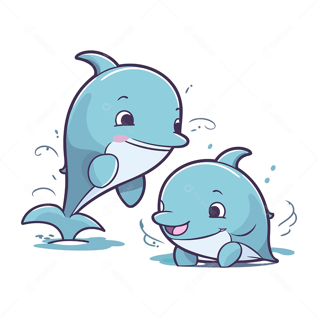 Golfinho Fofo e Baleia Pequena Ilustração Vetor EPS