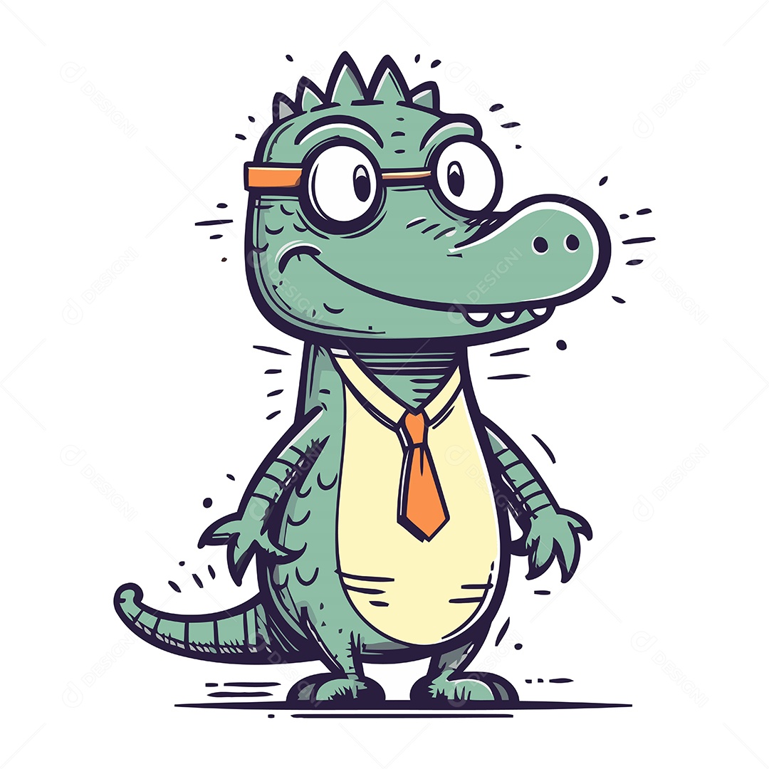 Crocodilo Fofo com Gravata e Óculos Ilustração Vetor EPS