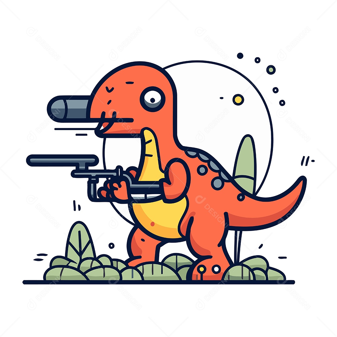 Dinossauro Fofo com Arma na Mão Ilustração Vetor EPS