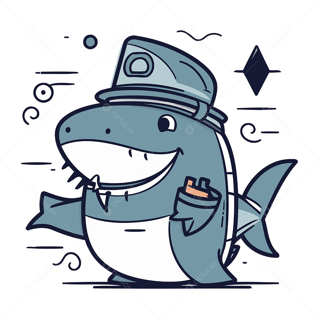 Tubarão Fofo de Desenho Animado com Boné Ilustração Vetor EPS
