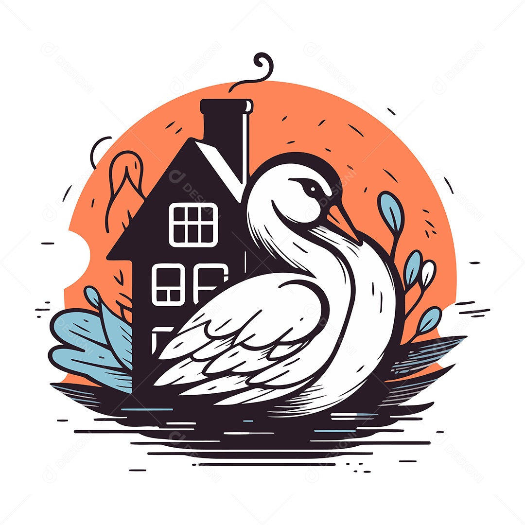 Cisne e Casa de Desenho Animado Ilustração Vetor EPS