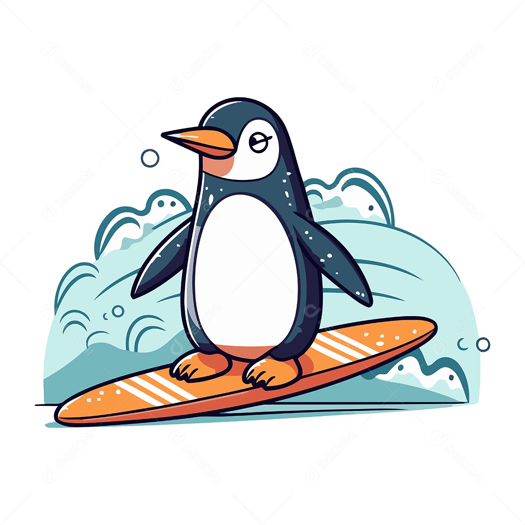 Pinguim Fofo em uma Prancha de Surfe Ilustração Vetor EPS