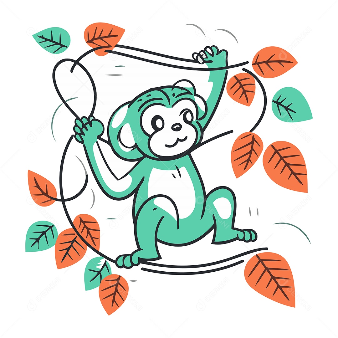 Macaco Fofo com Corda e Folhas Ilustração Vetor EPS