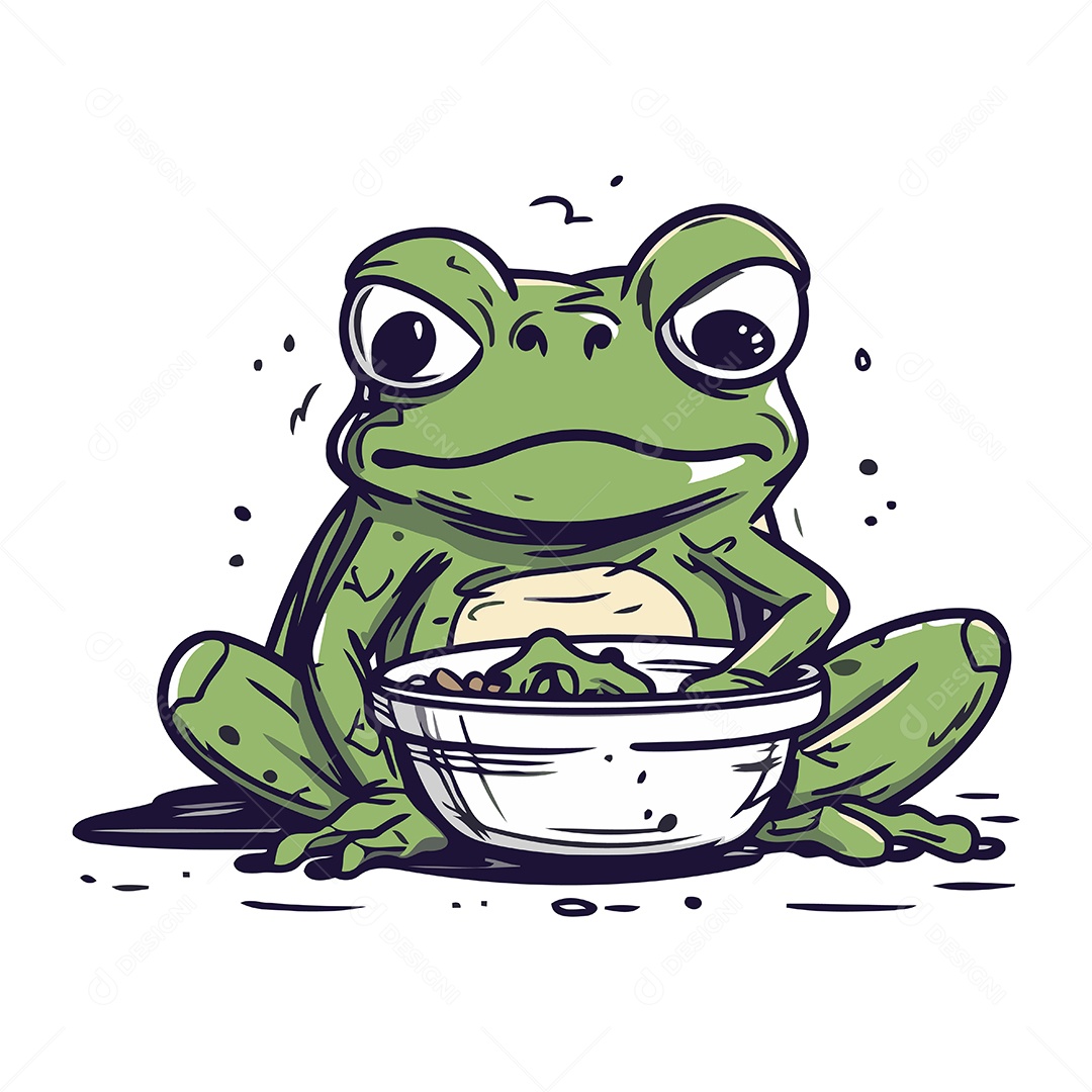Sapo e Tigela de Desenho Animado Ilustração Vetor EPS