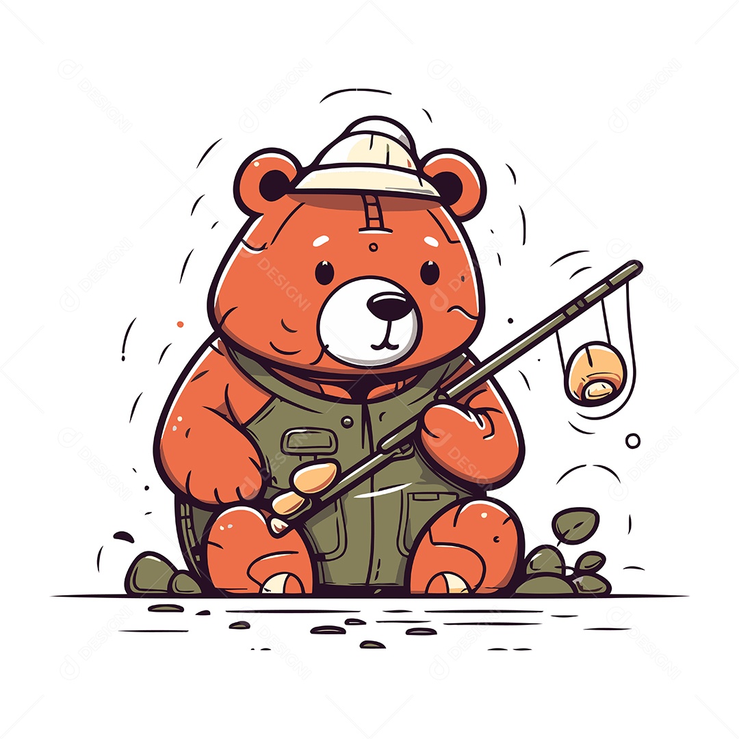Urso Pescador Fofo de Desenho Animado Ilustração Vetor EPS