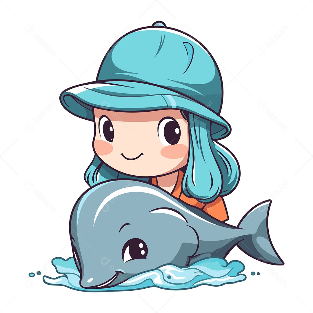 Menina Bonitinha com Golfinho Ilustração Vetor EPS