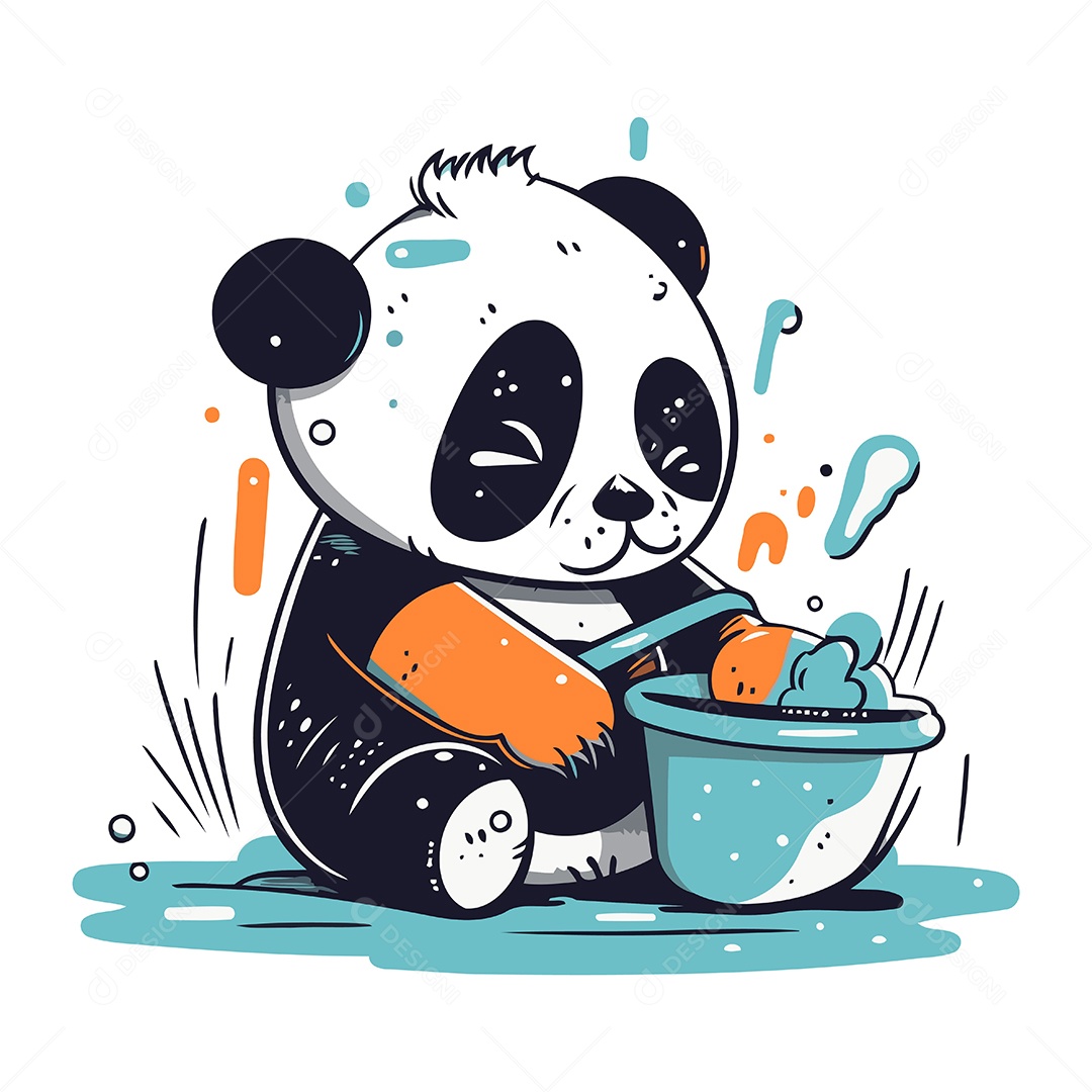 Urso Panda Fofo com um Balde Ilustração Vetor EPS