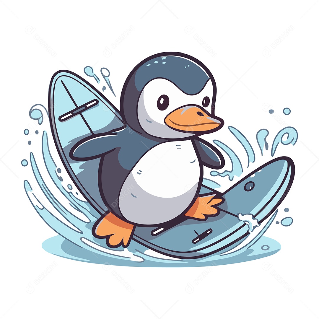 Pinguim Fofo em uma Prancha de Surfe Ilustração Vetor EPS