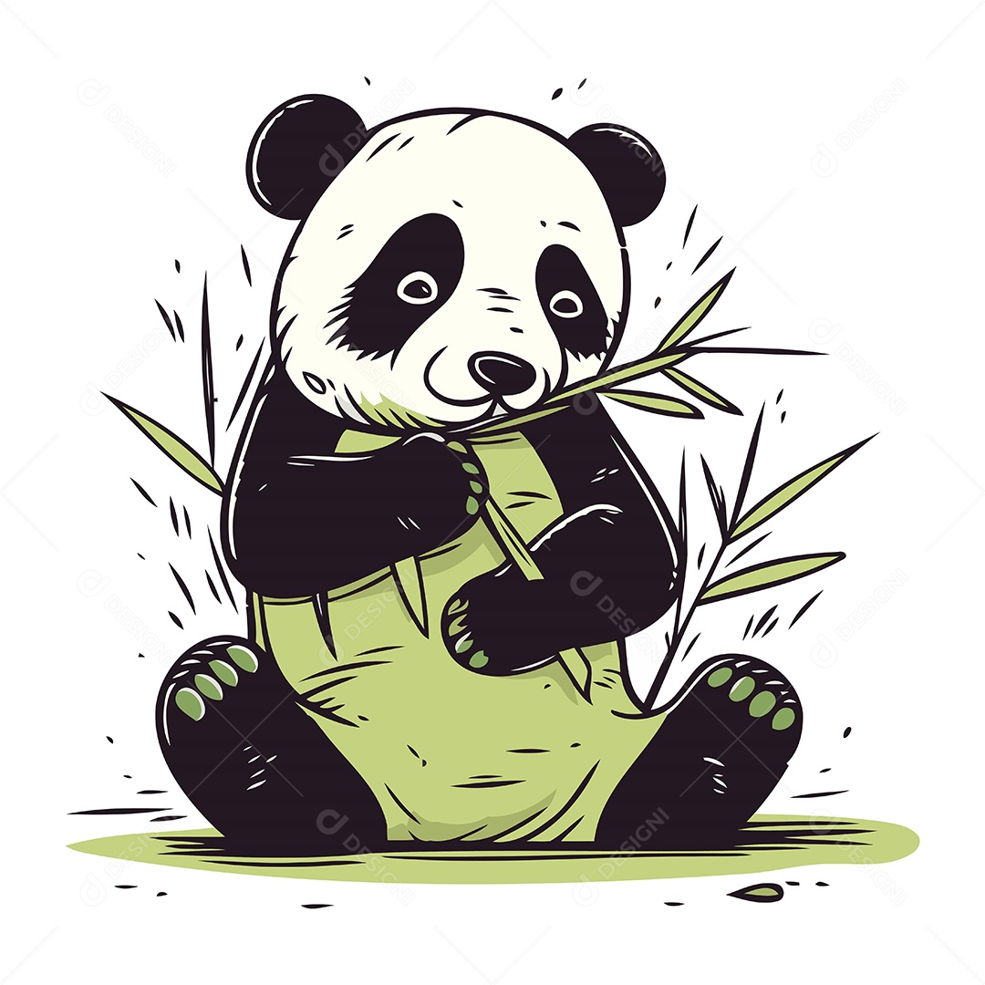 Panda Fofo Sentado Segurando um Galho de Bambu Ilustração Vetor EPS
