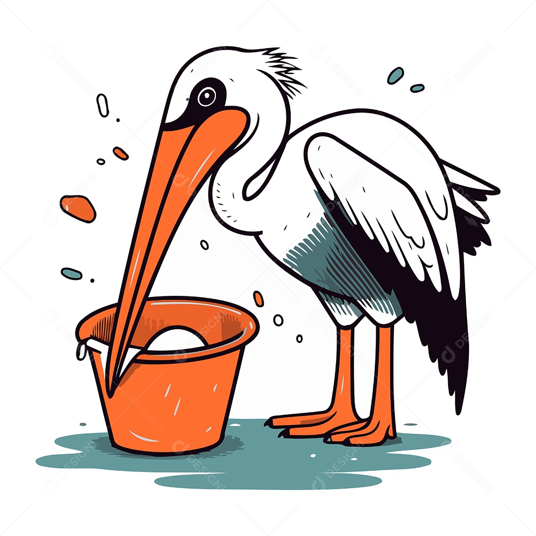 Pelicano e Balde de Desenho Animado Ilustração Vetor EPS