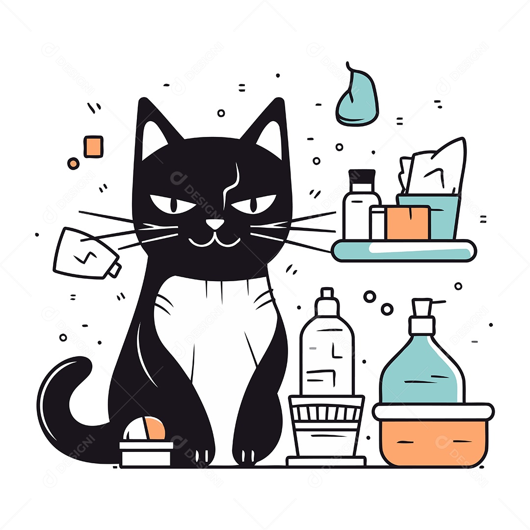 Gato Preto Fofo com Produtos de Limpeza Ilustração Vetor EPS