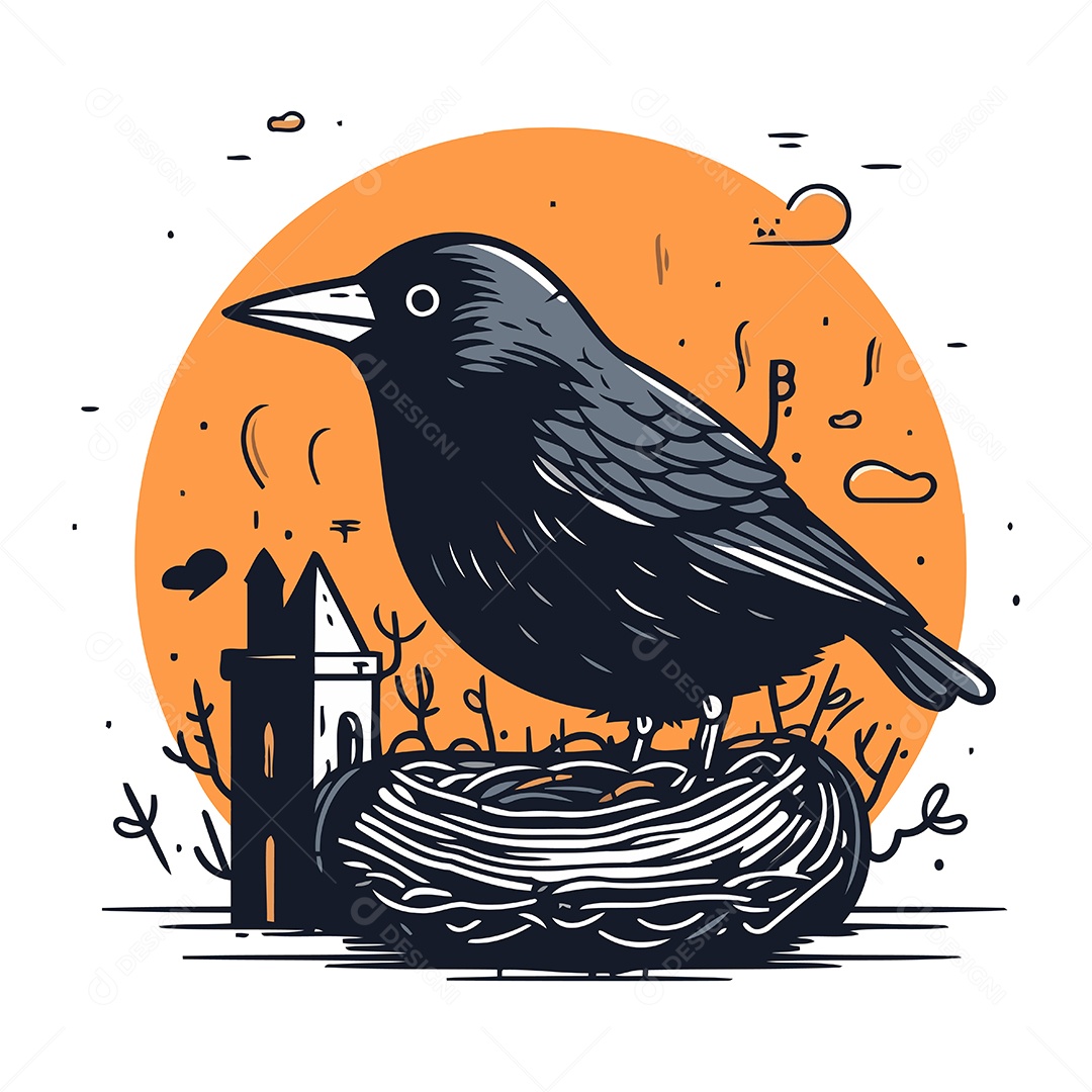 Corvo Sentado em um Ninho Ilustração Vetor EPS