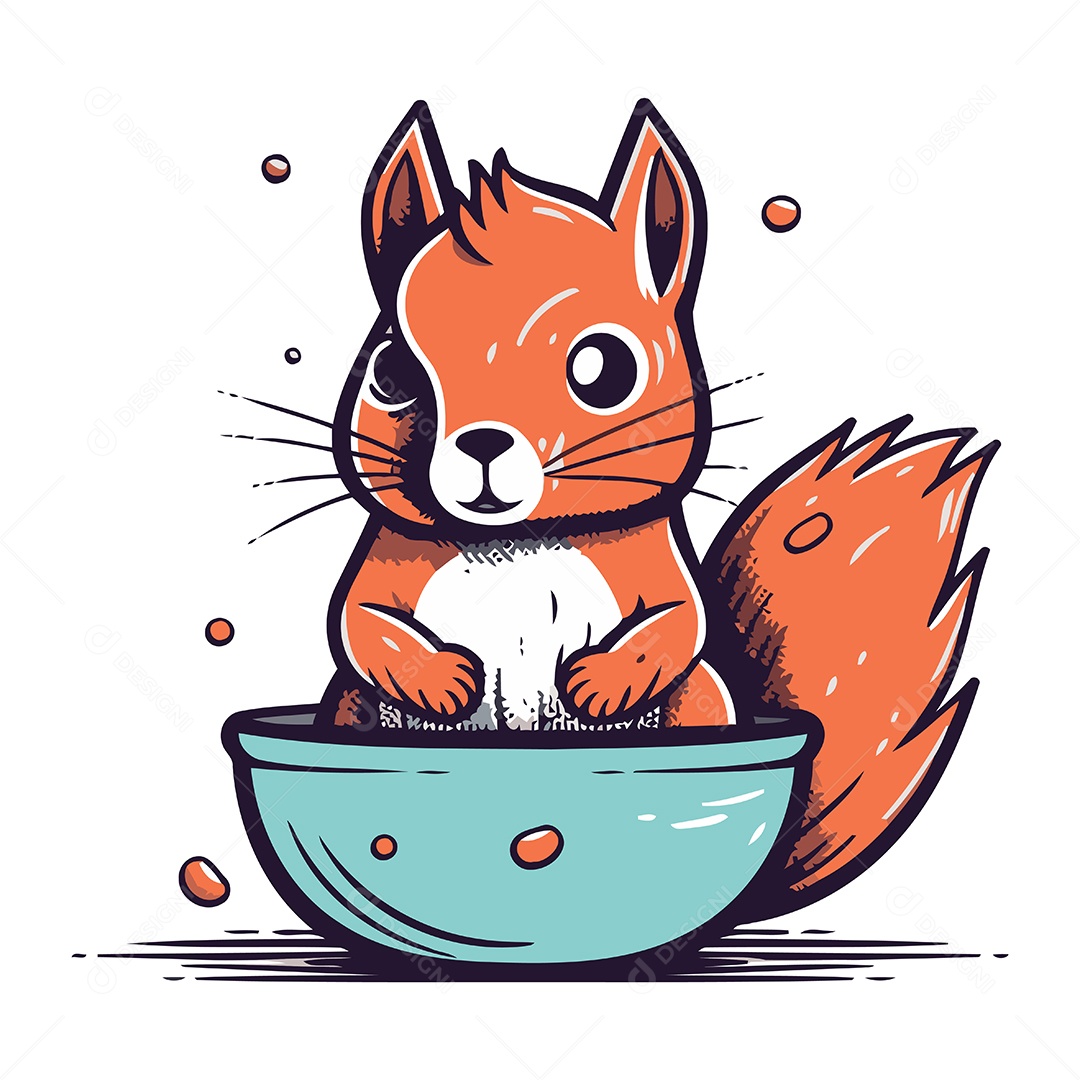 Esquilo Fofo Sentado em uma Tigela Ilustração Vetor EPS