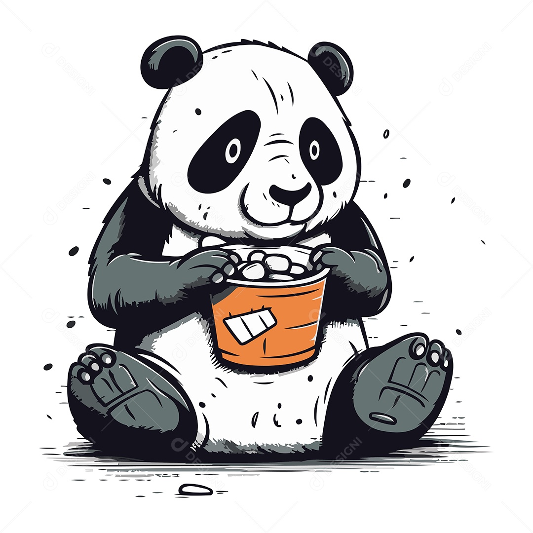 Panda Fofo com um Balde de Comida Ilustração Vetor EPS