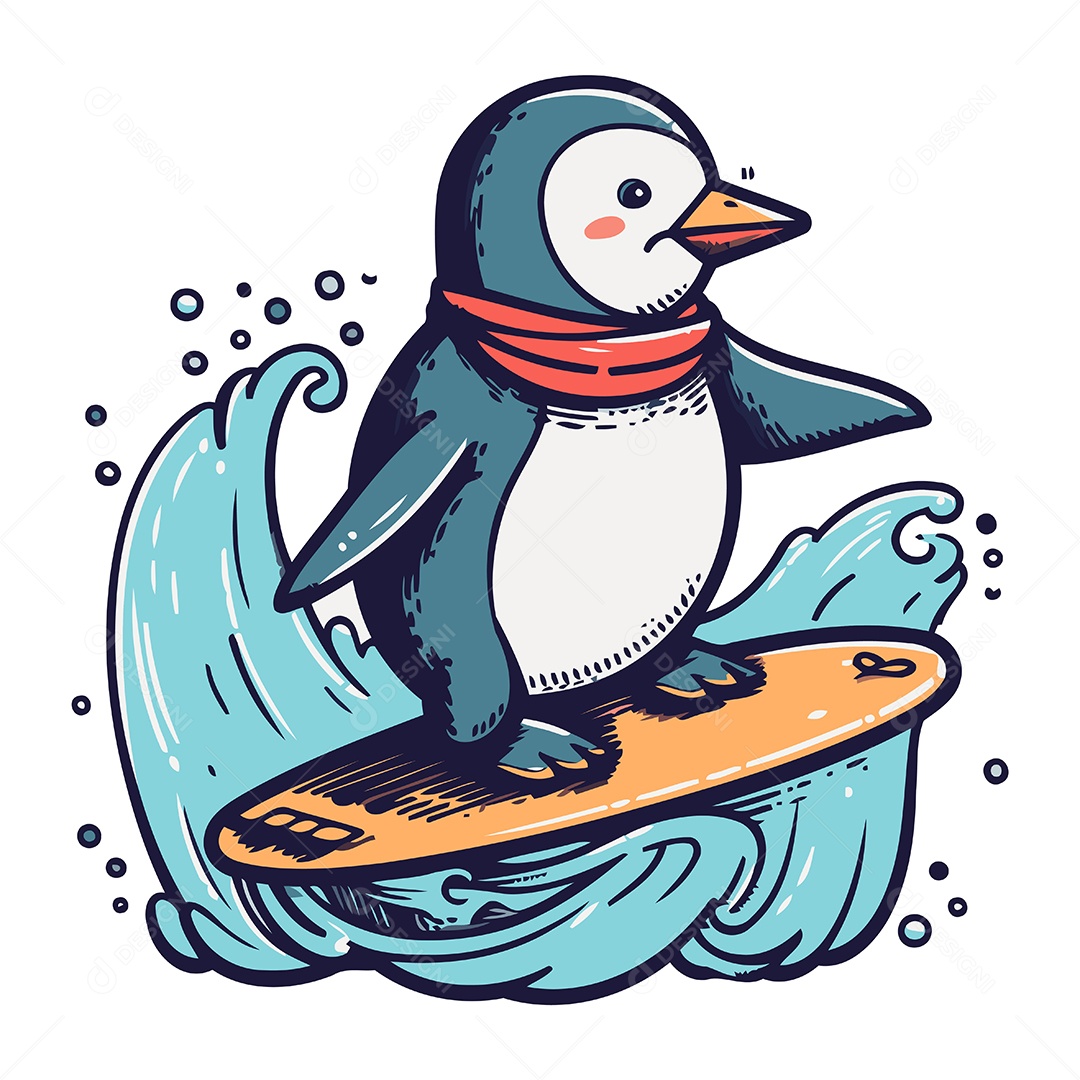 Pinguim Fofo com Prancha de Surfe Ilustração Vetor EPS