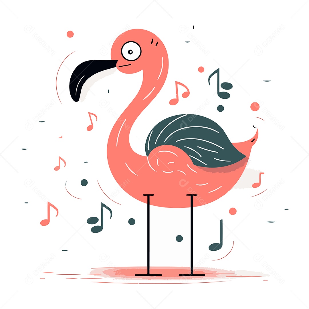Flamingo com Notas Musicais Ilustração Vetor EPS