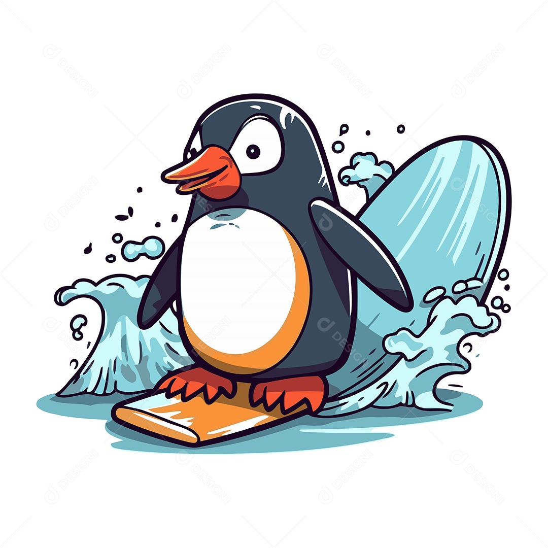 Pinguim Surfando em uma Prancha de Surfe Ilustração Vetor EPS