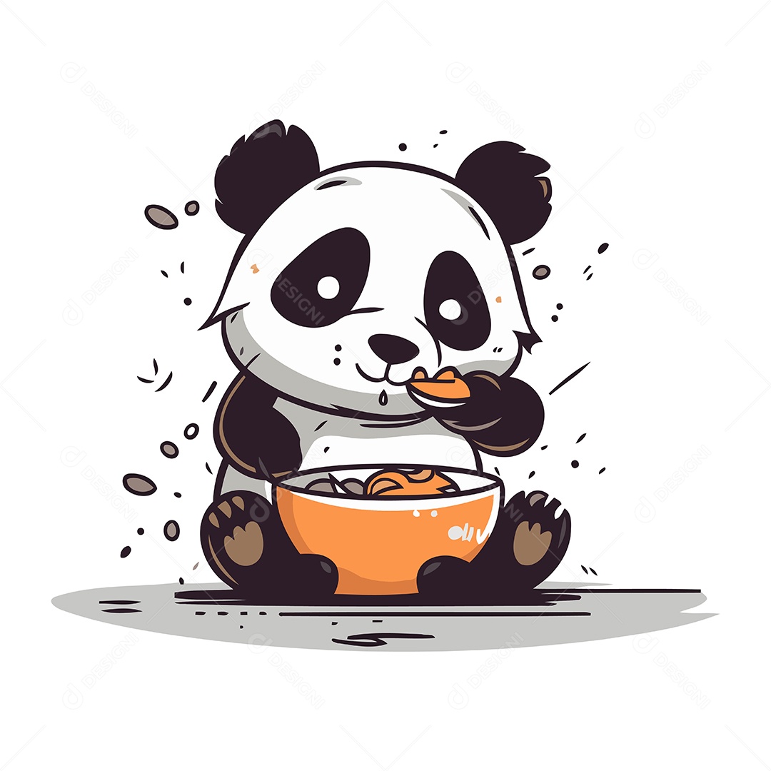 Panda Fofo Comendo Comida de uma Tigela Ilustração Vetor EPS