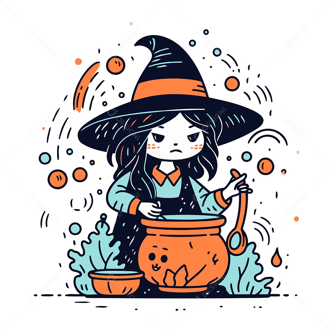 Bruxinha Fofa com um Caldeirão Ilustração Vetor EPS