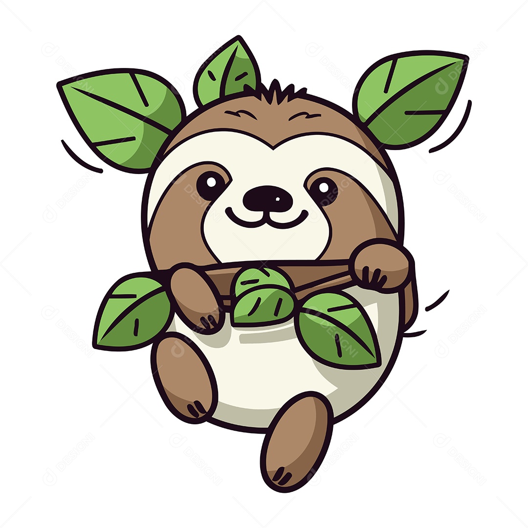 Preguiça Fofa de Desenho Animado com Folha Ilustração Vetor EPS