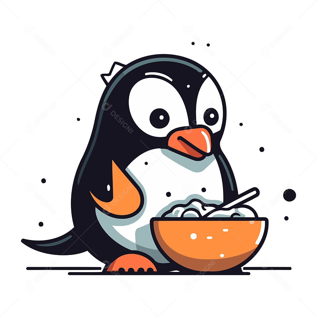 Pinguim Fofo com Tigela Ilustração Vetor EPS