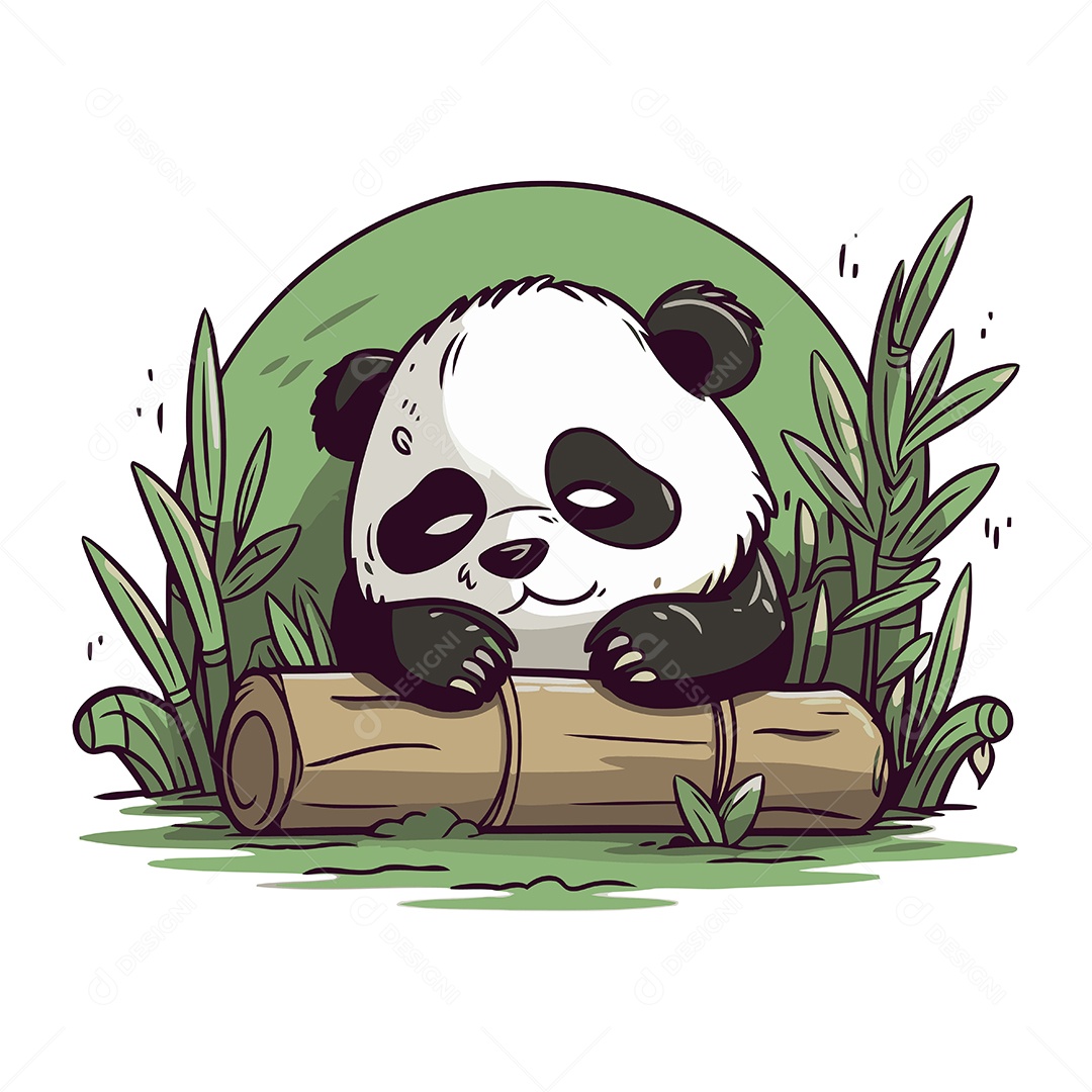 Urso Panda Fofo Sentado em um Tronco Ilustração Vetor EPS
