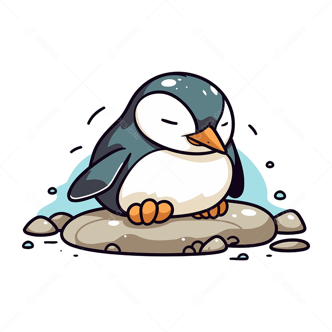 Pinguim Fofo Sentado em uma Pedra Ilustração Vetor EPS