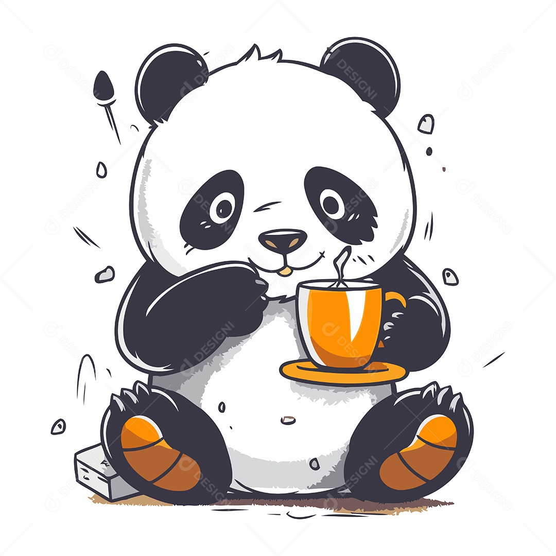 Panda Fofo Sentado com uma Xícara de Café Ilustração Vetor EPS