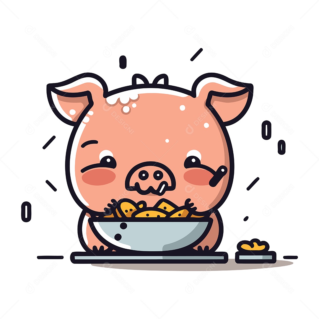 Porquinho Fofo Comendo Comida Ilustração Vetor EPS