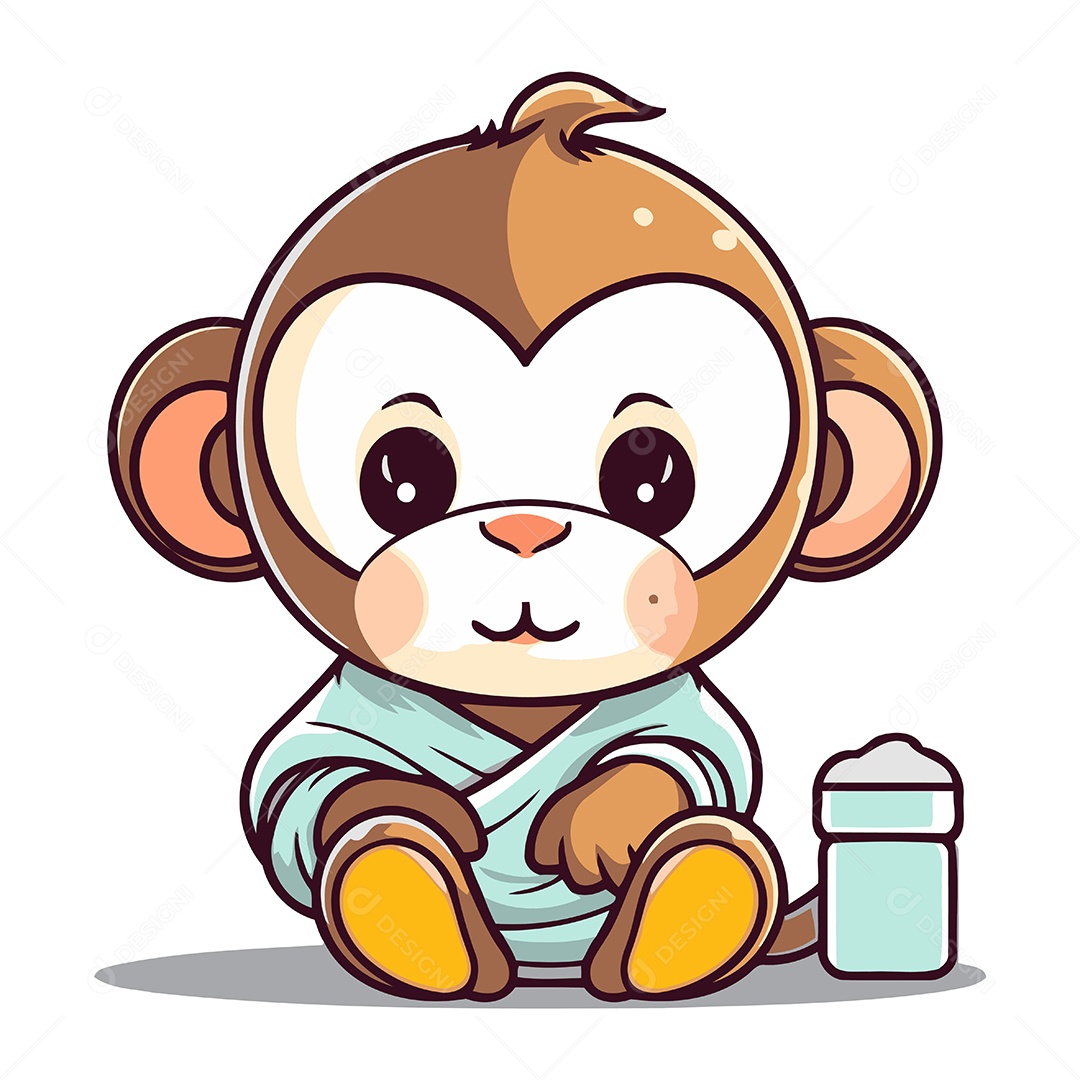 Macaco Fofo Sentado com uma Garrafa de Leite Ilustração Vetor EPS