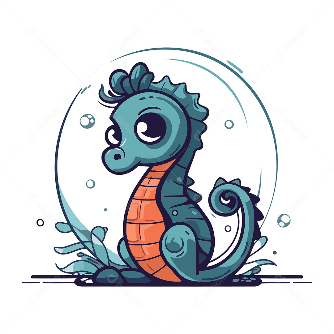 Cavalo Marinho Fofo de Desenho Animado Ilustração Vetor EPS