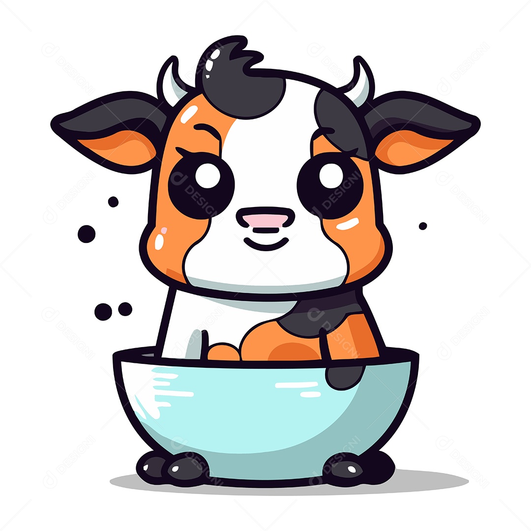 Vaca Fofa de Desenho Animado em uma Tigela Ilustração Vetor EPS