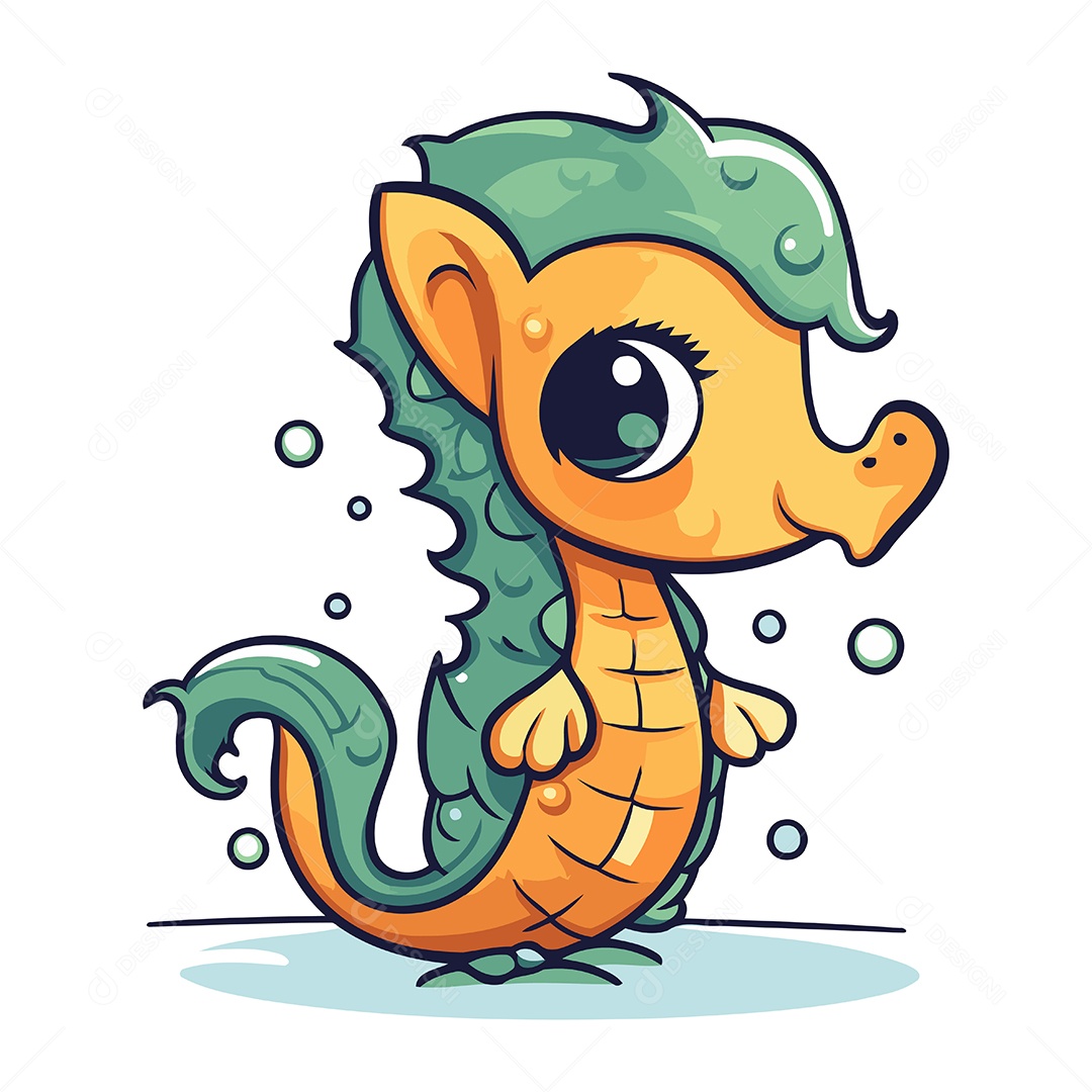 Cavalo Marinho Fofo de Desenho Animado Ilustração Vetor EPS